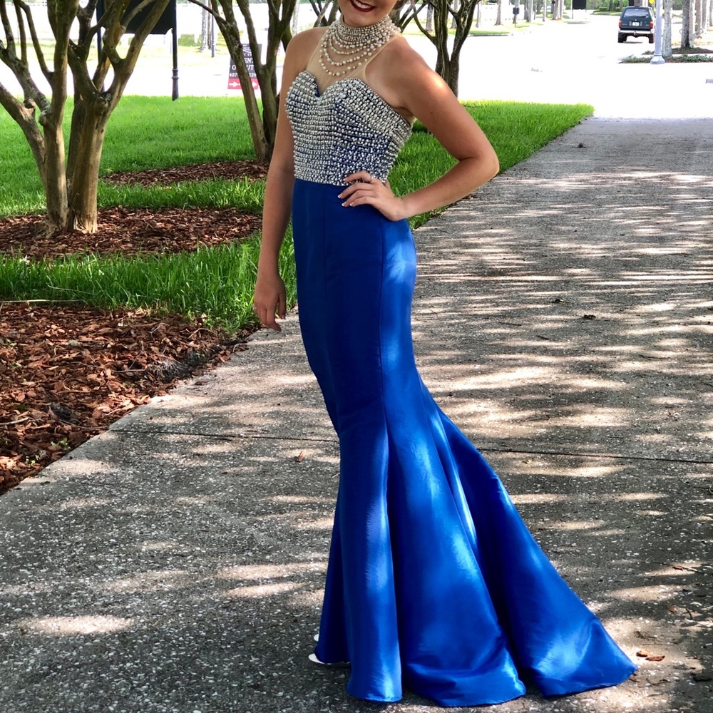 Blue High Neck Prom Dress